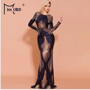 Miss Ord Women’s Backless Bodycon Long Sleeve Sequin Gown Elegant Dress size XL